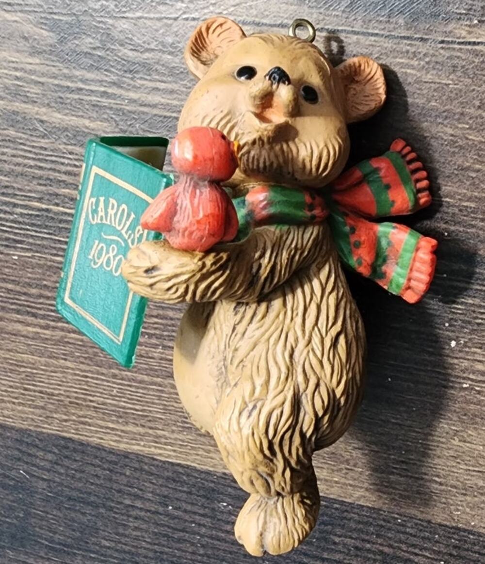 1980 Hallmark Caroling Bear Christmas Ornament Red Green Scarf Songbook 3.25"
